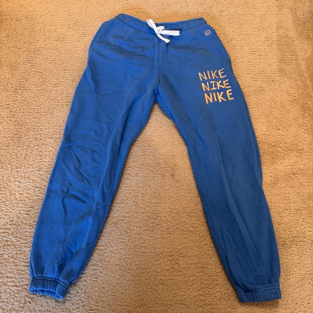 Nike‎ Blue Sweatpants Joggers Embroidered Smiley Logo Cozy Soft Women Sz S